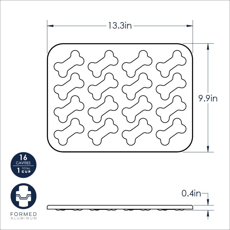 Nordic Ware red aluminum Puppy Love treat pan with 12 dog-shaped cavities, dimensional drawing overlay