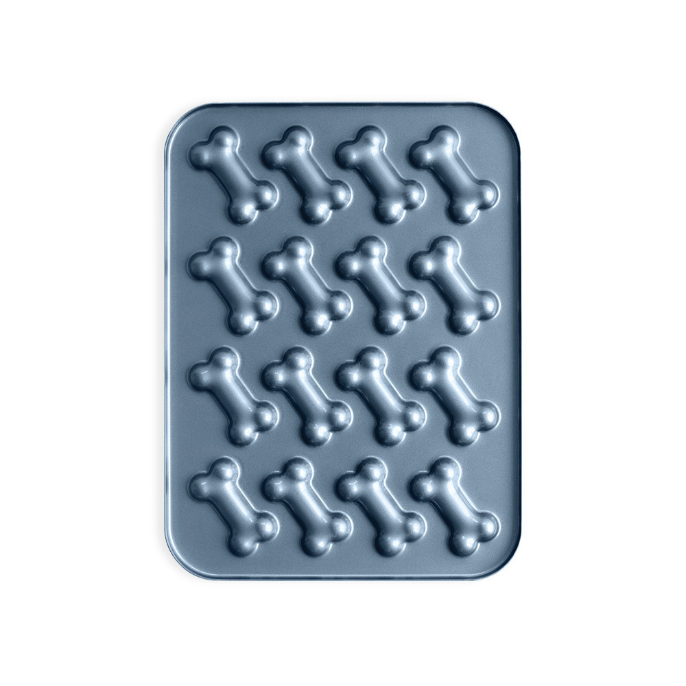 Nordic Ware aluminum baking pan with six puppy-shaped cavities, twilight blue non-stick coating