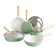 Nordic Ware Cardamom 10-piece nonstick cookware set in cream color with matching lids on white background