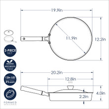 Nordic Ware Cardamom 12-inch nonstick frying pan with glass lid, cream colored with dimensional measurements
