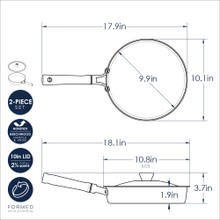 Nordic Ware Cardamom 10-inch nonstick frying pan with lid, dimensional product drawing showing measurements