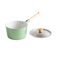Nordic Ware Cardamom 3-quart aluminum saucepan with lid, angled view showing non-stick interior and sleek design