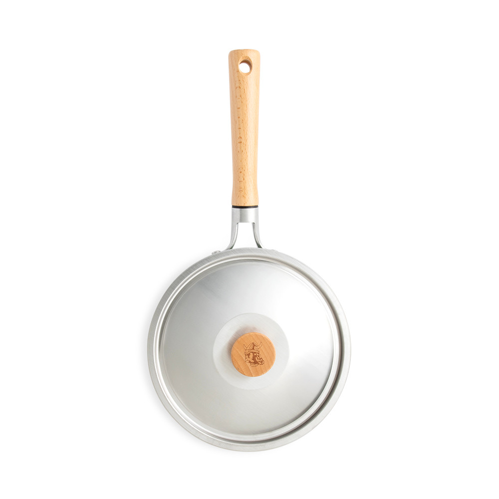 Nordic Ware 3-quart aluminum saucepan with lid, round shape, natural silver finish with black handle