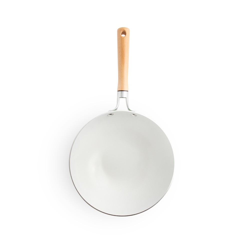 Nordic Ware Cardamom 10-inch ceramic nonstick wok interior view, white finish with curved sloped sides