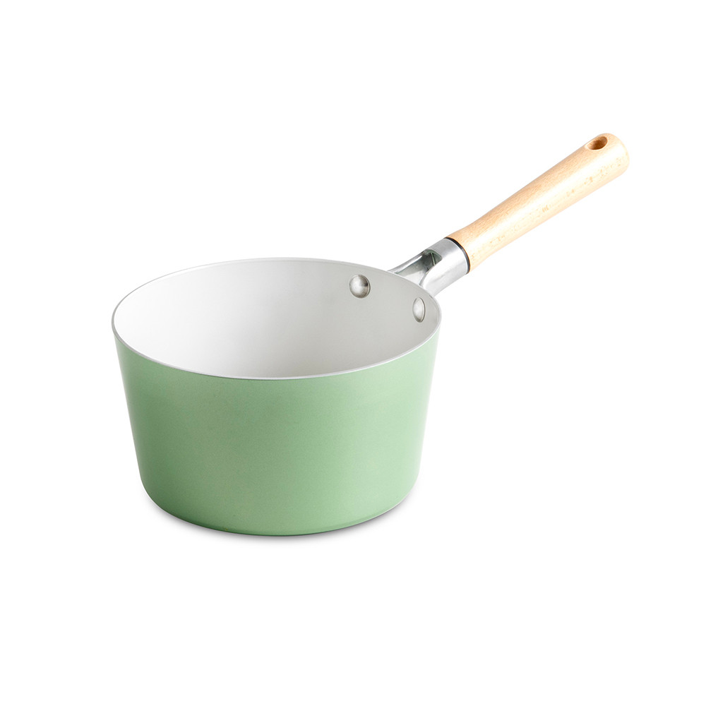 Nordic Ware 3-quart cardamom ceramic nonstick saucepan with lid, cream colored finish and stainless handle