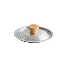 Nordic Ware 6-inch stainless steel lid with round shape and silver finish, angled view on white background