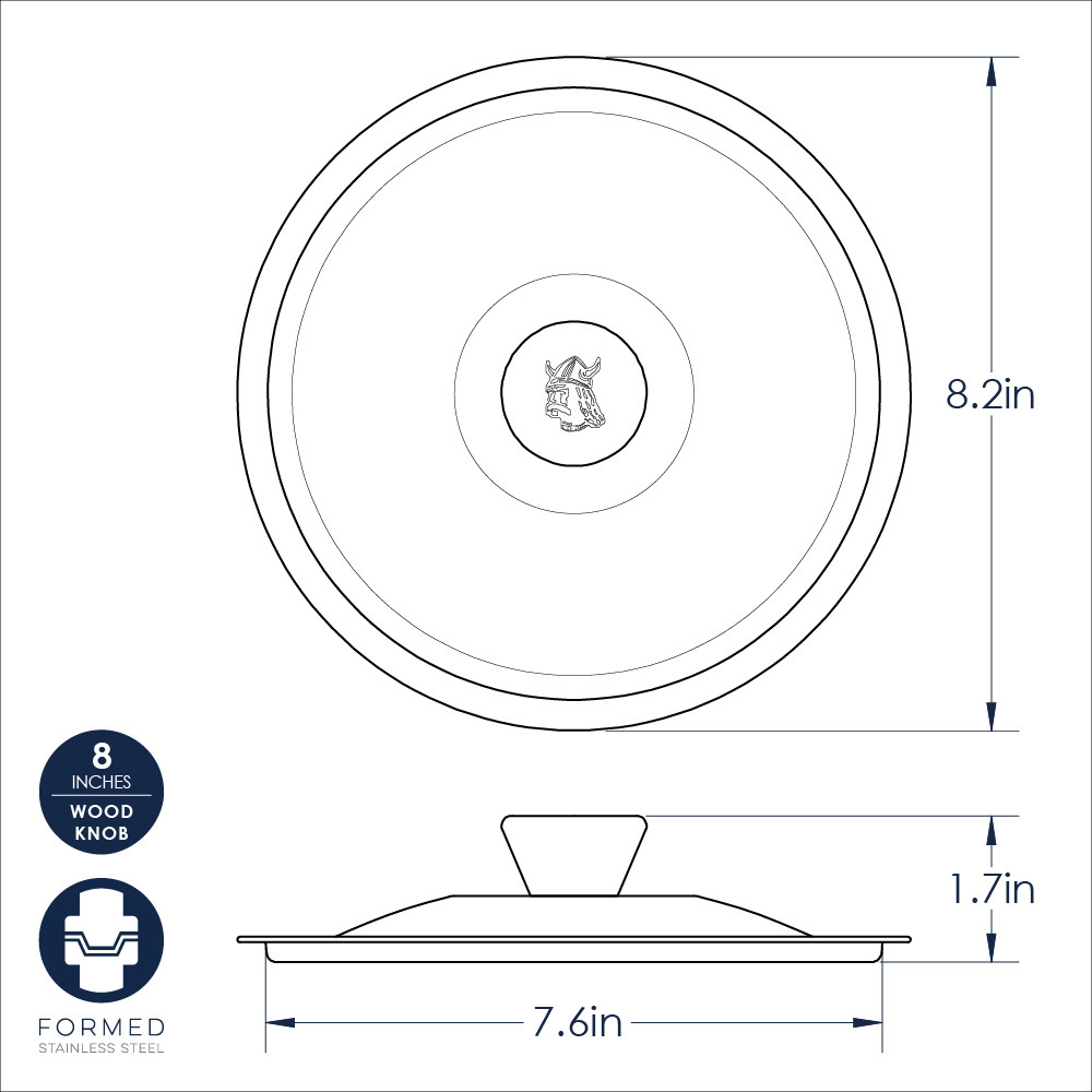Nordic Ware 8-inch stainless steel cardamom lid dimensional drawing with measurements and specifications