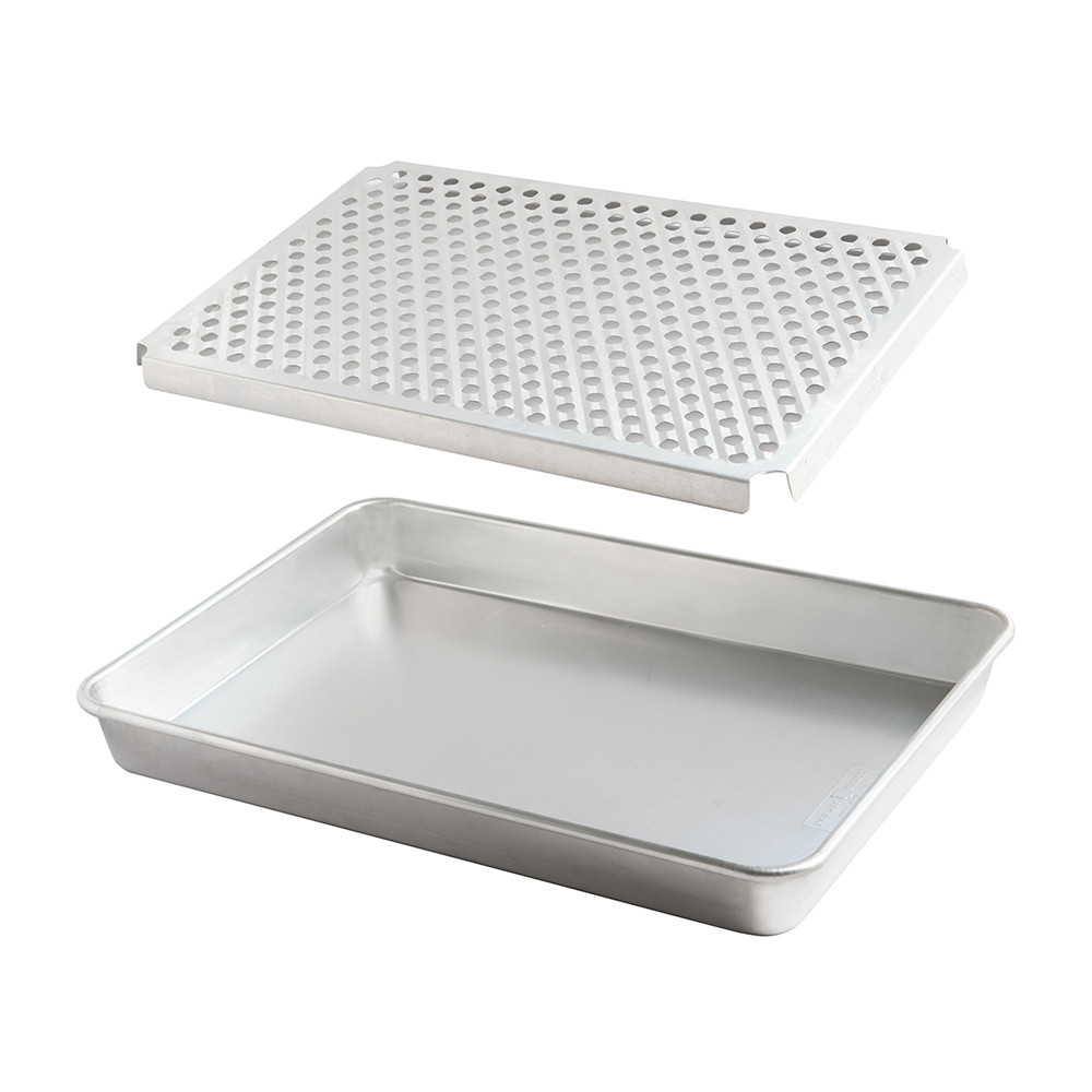 Nordic Ware aluminum high-sided half sheet pan with wire cooling rack, natural silver finish on white background