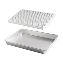 Nordic Ware aluminum high-sided half sheet pan with wire cooling rack, natural silver finish on white background