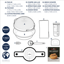 Nordic Ware 9-piece sourdough bread baking kit contents laid out including aluminum loaf pan, tools, and ingredients
