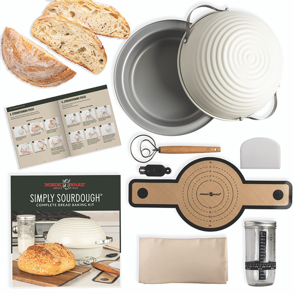 Basic Simply Sourdough Bread Kit product image with box and bread sample, overhead