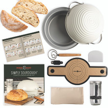 Basic Simply Sourdough Bread Kit product image with box and bread sample, overhead