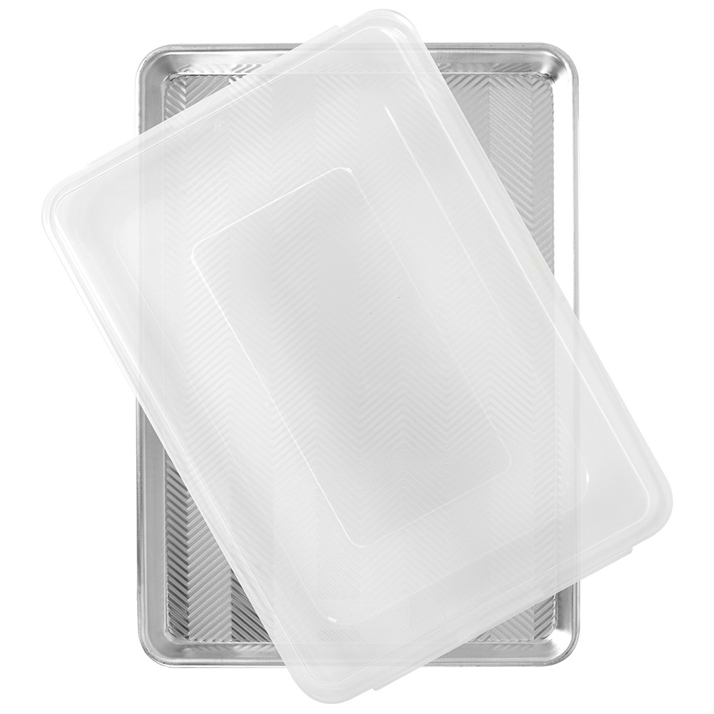 Nordic Ware Prism aluminum sheet pan with matching fitted lid, rectangular baking pan in natural silver finish