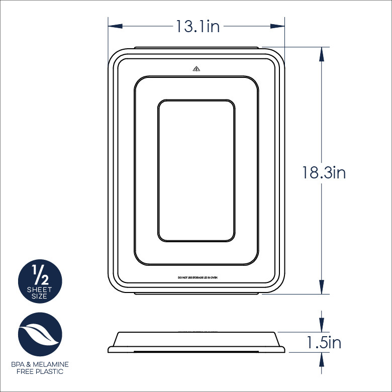 Nordic Ware Prism half sheet pan with clear plastic storage lid, dimensional technical drawing