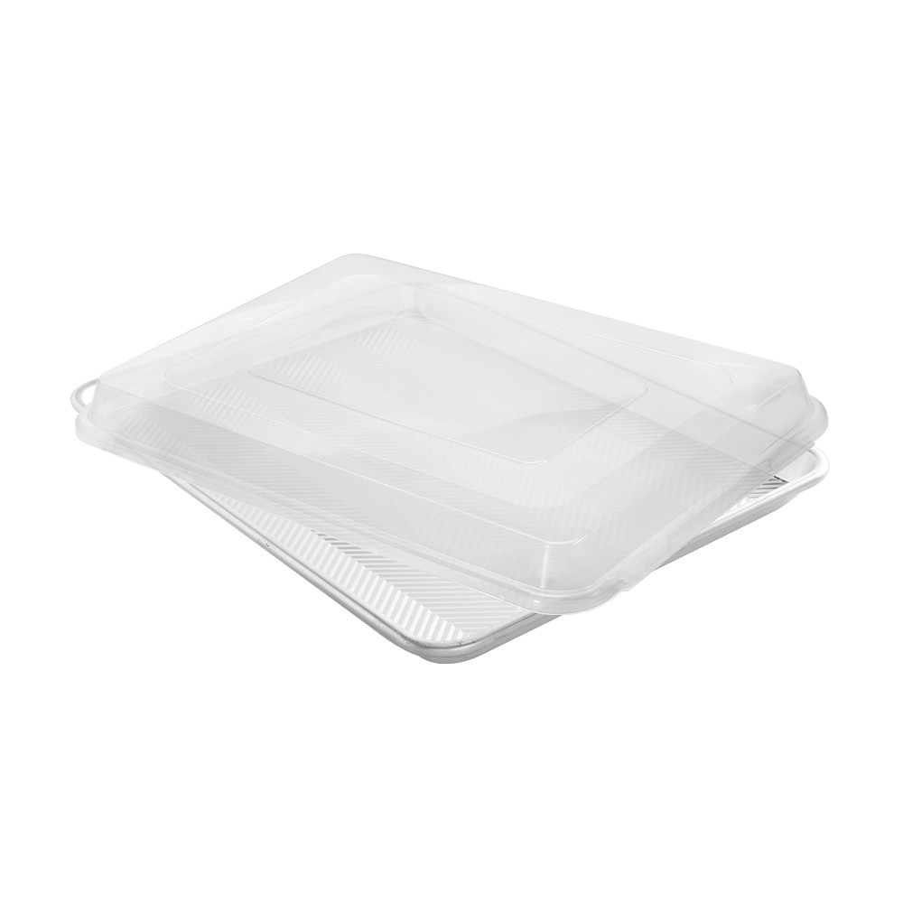 Nordic Ware aluminum half sheet pan with clear plastic lid, rectangular baking pan in natural silver finish