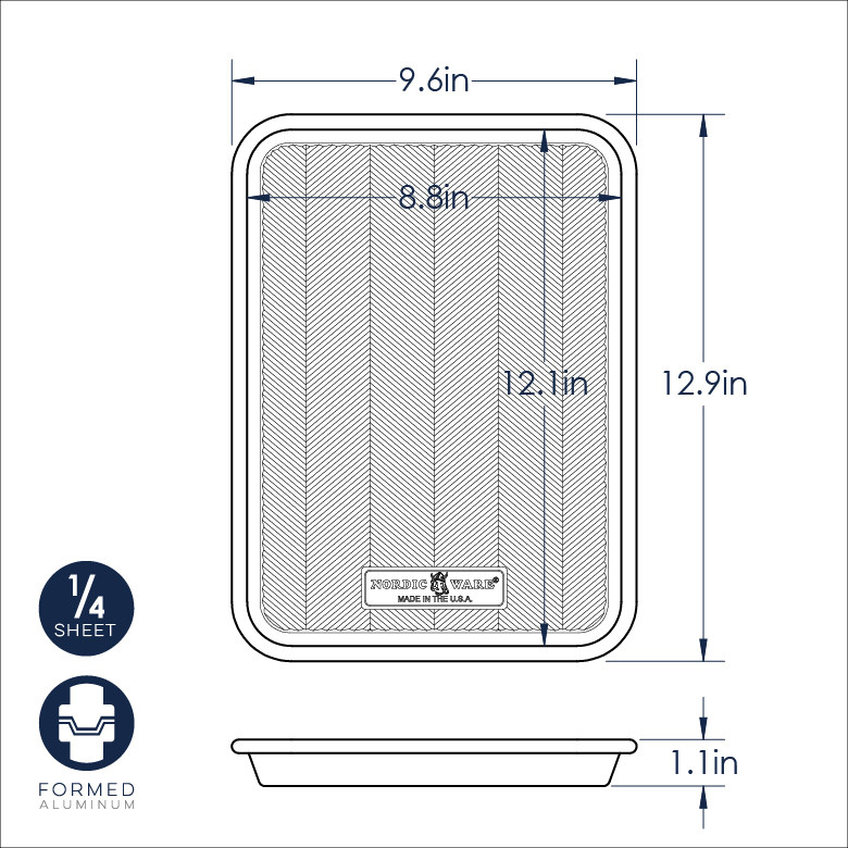 Nordic Ware Prism quarter sheet baking pan with dimensional measurements and ribbed bottom design