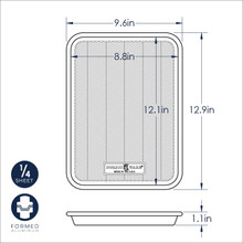 Nordic Ware Prism quarter sheet baking pan with dimensional measurements and ribbed bottom design