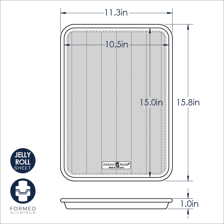 Nordic Ware Prism aluminum jelly roll pan with dimensional measurements and specifications diagram