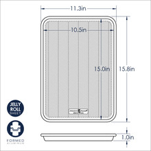Nordic Ware Prism aluminum jelly roll pan with dimensional measurements and specifications diagram