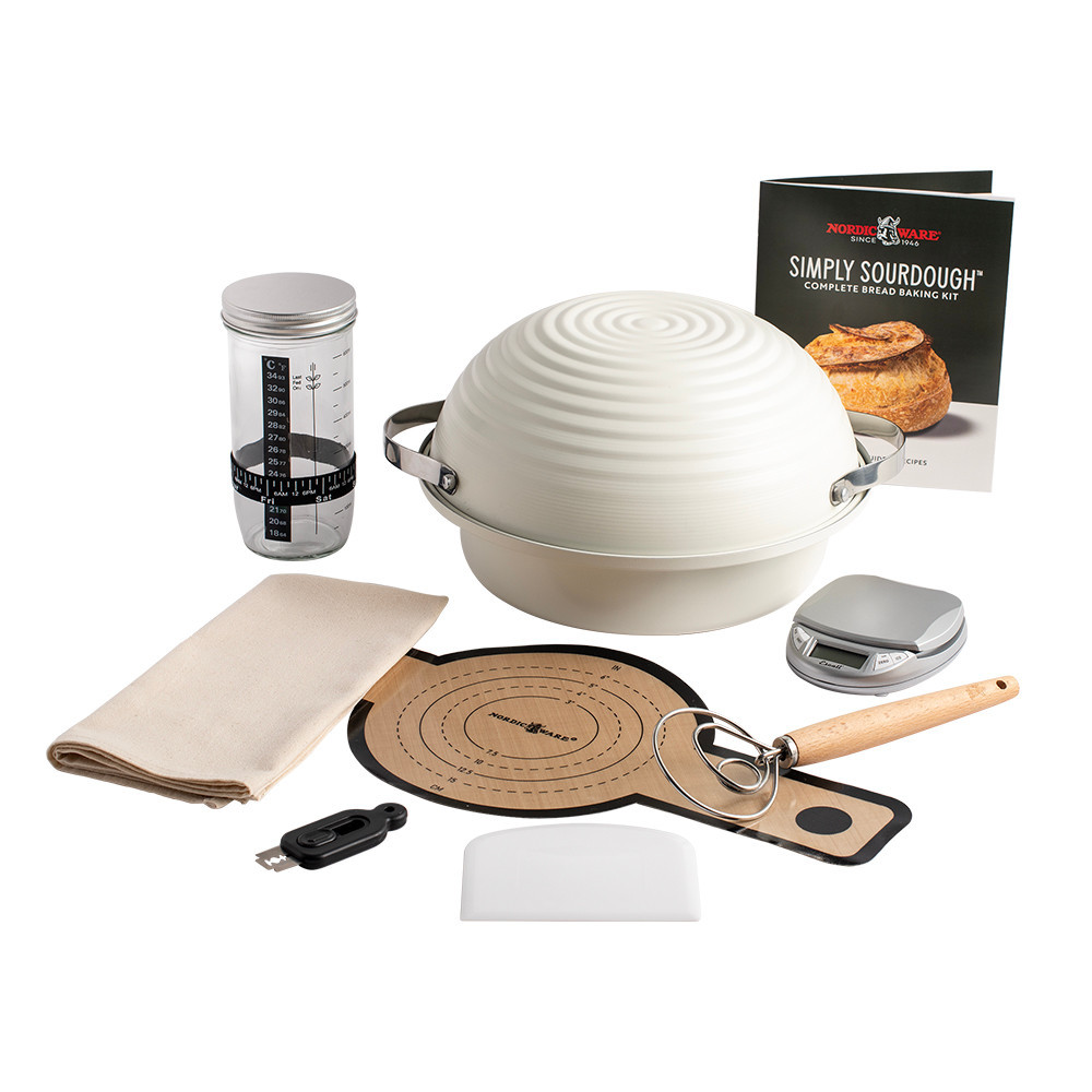 Nordic Ware deluxe sourdough bread baking kit with aluminum loaf pan, proofing basket, lame, and accessories