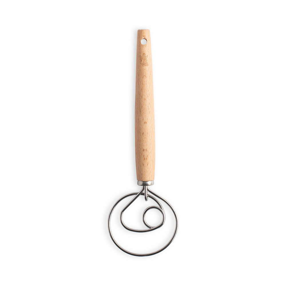 Nordic Ware wooden Danish whisk with coiled wire loops and long handle for bread dough mixing