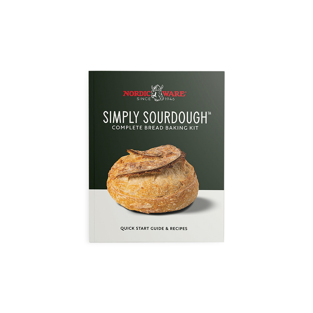 Nordic Ware Simply Sourdough kit instruction booklet and recipe guide with colorful bread photography