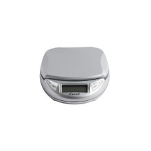 White digital kitchen scale with clear LCD display and stainless steel weighing platform