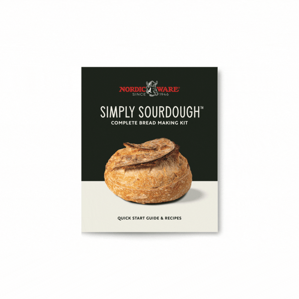 Quick Start Guide booklet pages flipping through sourdough bread baking instructions and recipes