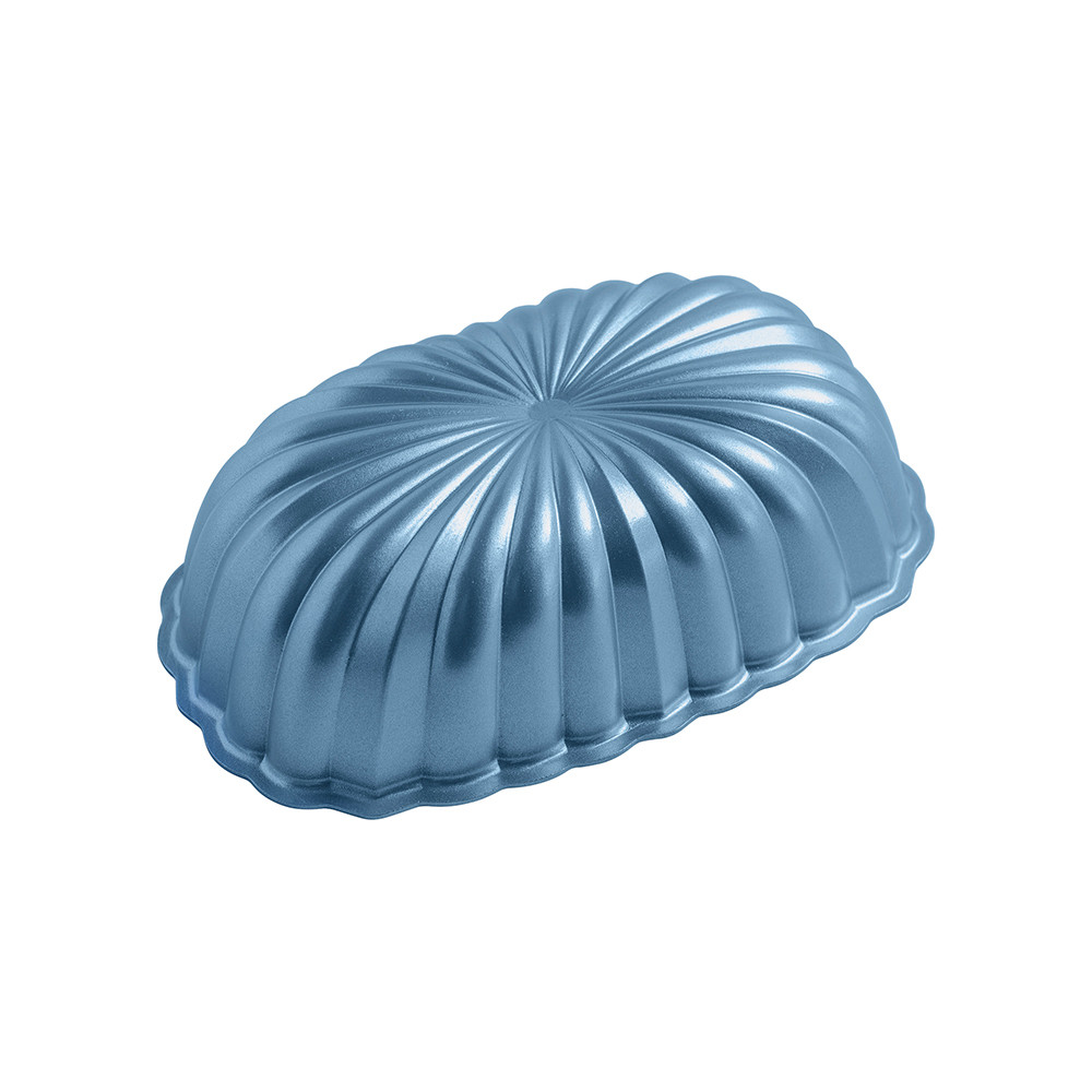 Nordic Ware aluminum fluted loaf pan with twilight blue exterior and decorative ridged sides