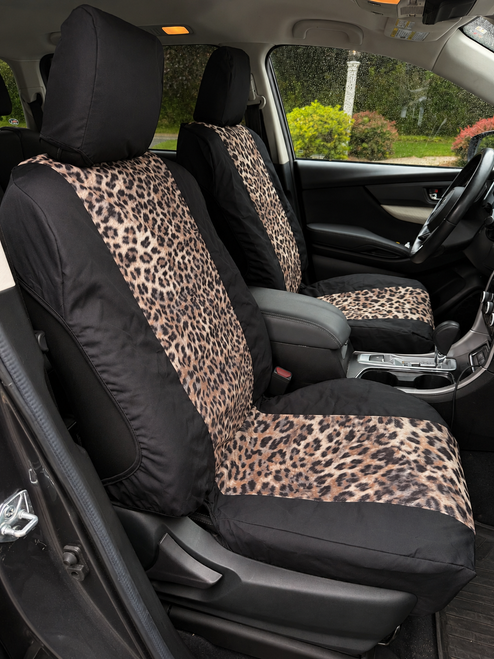 Durafit Seat Covers Pickup/SUV High Back Buckets seat Covers, Suitable for Seats with Side airbags, Inside armrests and Twin headrest shafts. Black Endura with Leopard inserts.