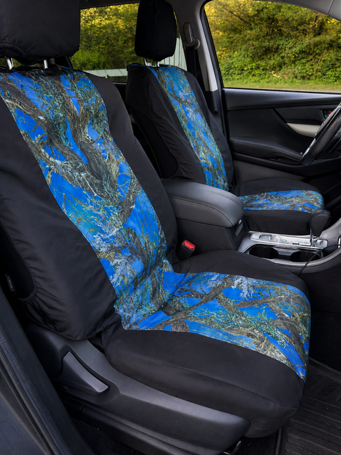 Durafit Seat Covers Pickup/SUV High Back Buckets seat Covers, Suitable for Seats with Side airbags, Inside armrests and Twin headrest shafts. Black Endura with blue camo.  Sold in pairs with 2 size of enclosed headrest covers.