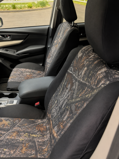 Durafit Seat Covers Pickup/SUV High Back Buckets seat Covers, Suitable for Seats with Side airbags, Inside armrests and Twin headrest shafts. Black Endura with CONCEAL camo inserts.  Sold in pairs with 2 size of enclosed headrest covers.