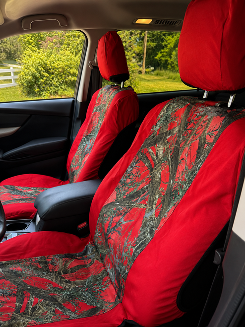 Durafit Seat Covers Pickup/SUV High Back Buckets seat Covers, Suitable for Seats with Side airbags, Inside armrests and Twin headrest shafts. Red Endura with Red Camo  inserts.  Sold in pairs with 2 size of enclosed headrest covers.