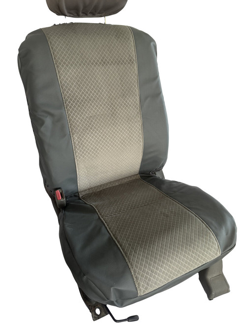 Durafit Seat Covers Pickup/SUV High Back Buckets seat Covers, Suitable for Seats with Side airbags, Inside armrests and Twin headrest shafts. Dark Gray leatherette with Velour quilted inserts.