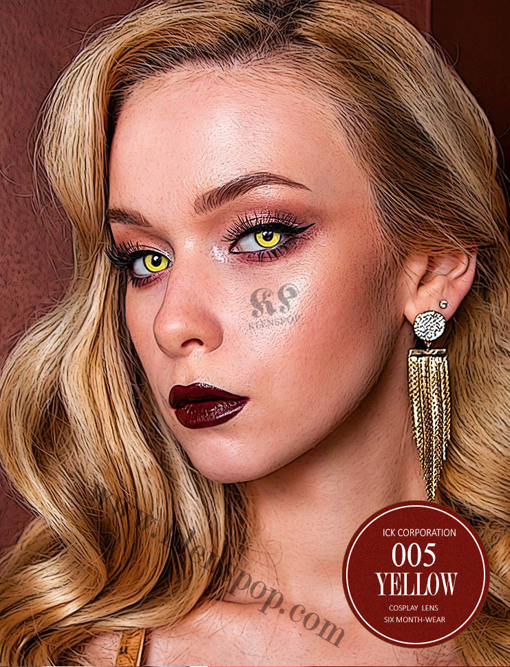 Blonde wine-colored lipstick woman wearing 005 Solid Yellow Halloween Crazy Contact Lens