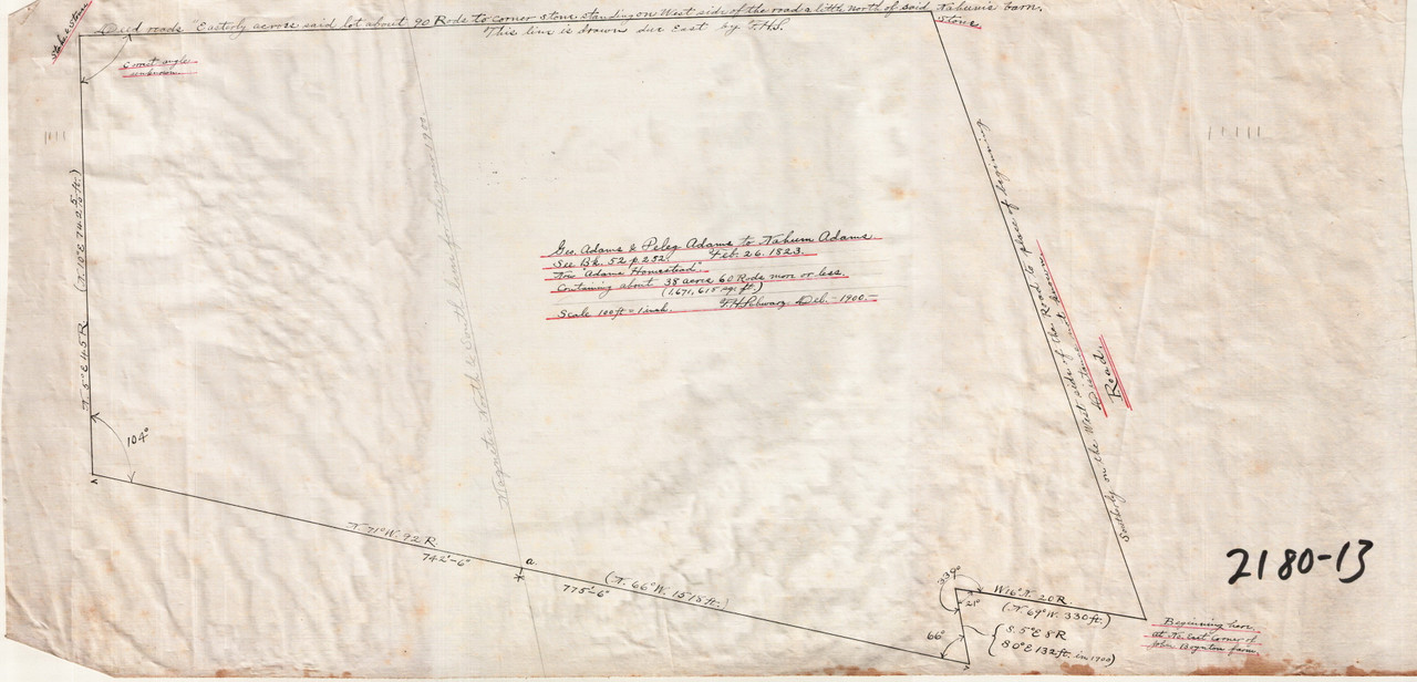 Plot of 1842 deed to Peleg Adams 38 ac filed w Old Assessors Map