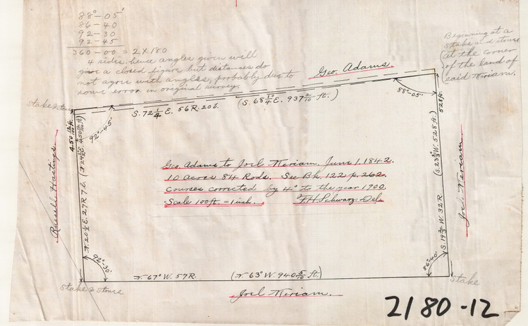 Plot of 1842 Deed  - filed w abutting Geo. Adams Old Assessors Map Greenfield 2180-12 - Map Reprint
