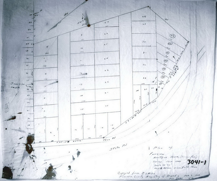 Turners Falls - Fairview  E.L. White, Worcester Ave.   Hugh Adams Surveyor - copied 1944 Montague 3041-1 - Map Reprint