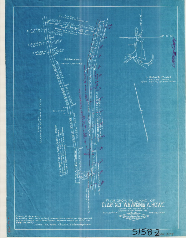 Clarence W. + Virginia A. Howe (L.C.) 8.79 ac  Peach Orchard  markups Deerfield 5158-2 - Map Reprint