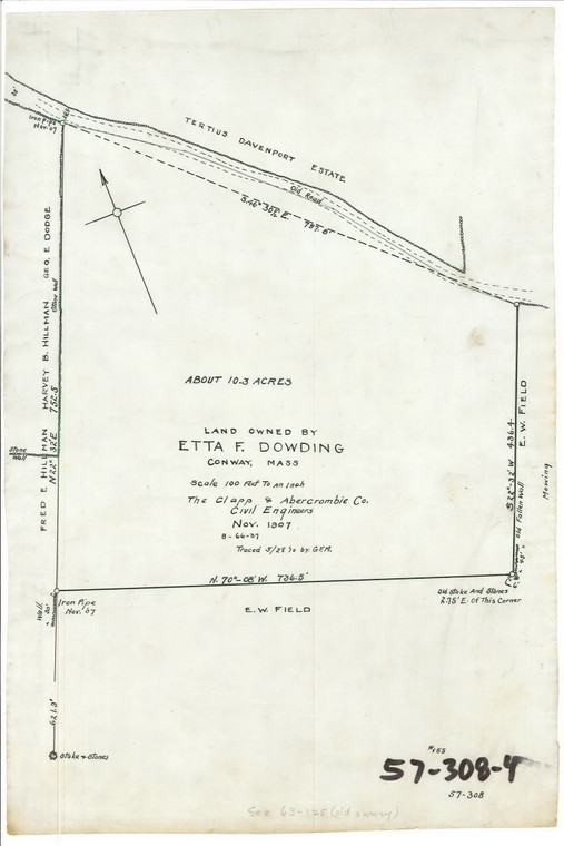 Land Owned by Etta F Dowding  10.3 ac - traced 1910 by GFM Conway 57-308-4 - Map Reprint
