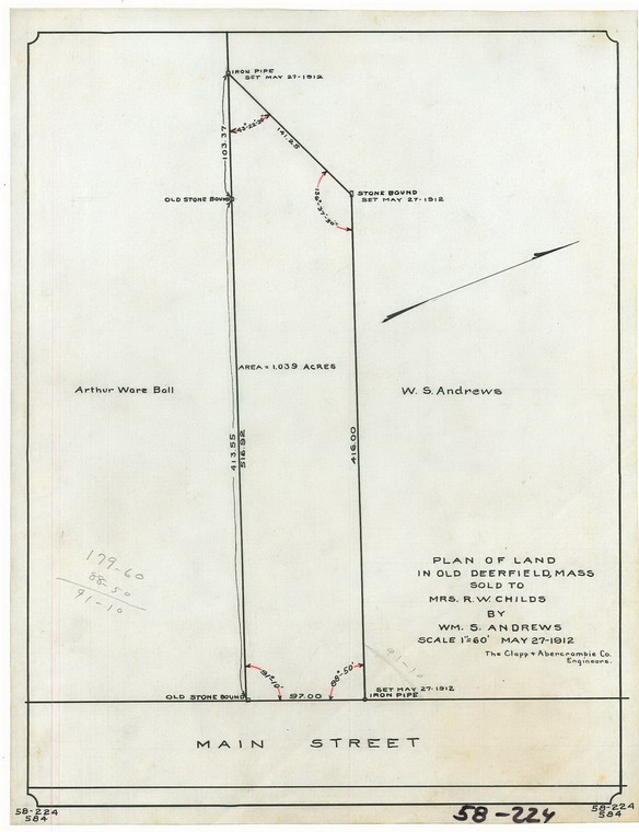 Mrs. R.W.Childs  Lot - W. Side of Main St. Old Deerfield Deerfield 58-224 - Map Reprint