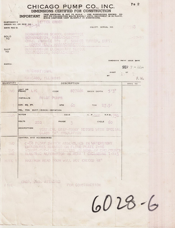 Bernardston Consolidated School  pump specs Bernardston 6028-6 - Map Reprint