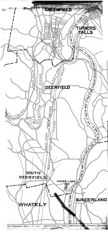 Proposed Route of Street Railway -  Greenfield, T. Falls, Deerfield, So. Deerfield Greenfield, Deerfield 62-06 - Map Reprint