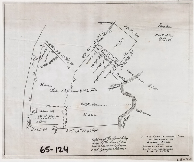 Andrew Naham + Geo. Adams  187 ac 142 r  by Elisha Root  tracing Bernardston 65-124 - Map Reprint