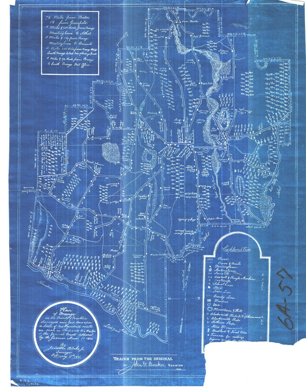 Plan of Orange blueprint (torn)   of tracing of the 1831 Mass Archives plan Orange 6A-057 - Map Reprint