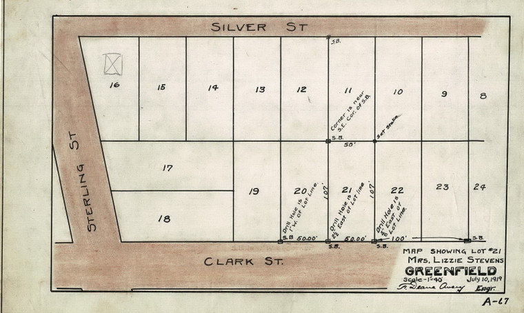 Mrs. Lizzie Stevens    Lot Clark St. Map Showing Lot 21 Greenfield A-067 - Map Reprint