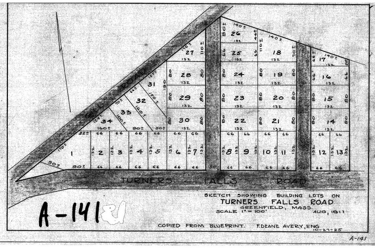 Building Lots on Turners Falls Road  copied from blue  1925 Greenfield A-141 - Map Reprint