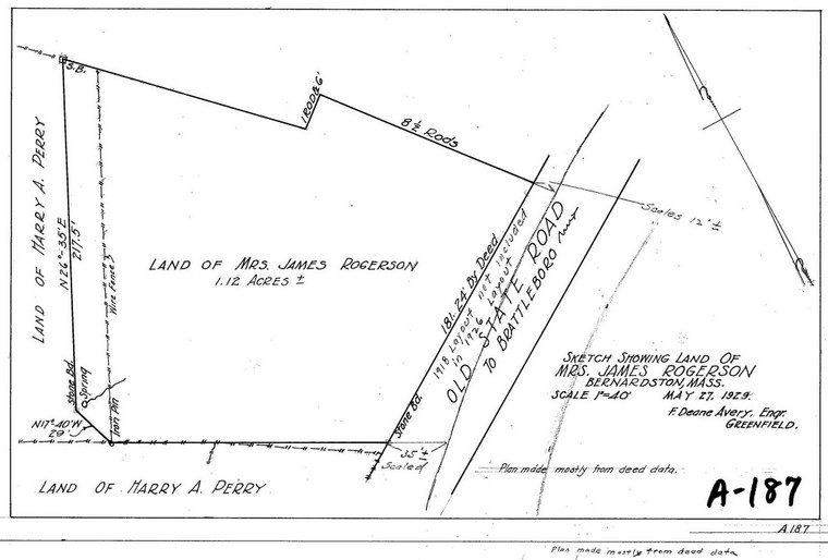 Mrs. James Rogerson - 1.12 Acres - N. Side State Rd. 1/2 N. of Center Bernardston A-187 - Map Reprint