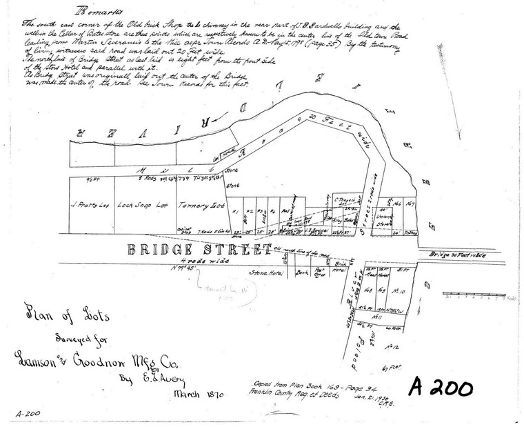 Lamson - Goodnow Lots - River + Bridge Sts. - Both Sides - Survey of E.J. Avery --Copied from FCRD pb 169-34 Shelburne A-200 - Map Reprint