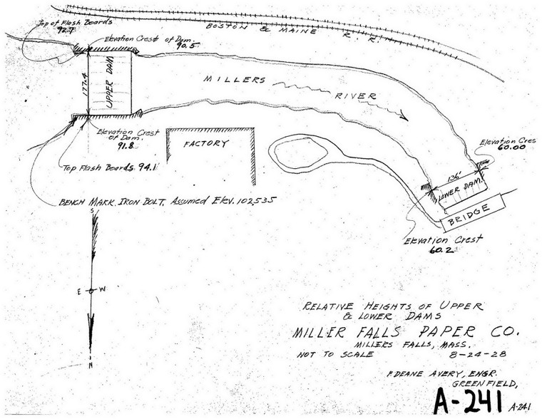 Millers Falls Paper Co. - Elevations on Dams  - Upper and Lower Erving Montague? A-241 - Map Reprint